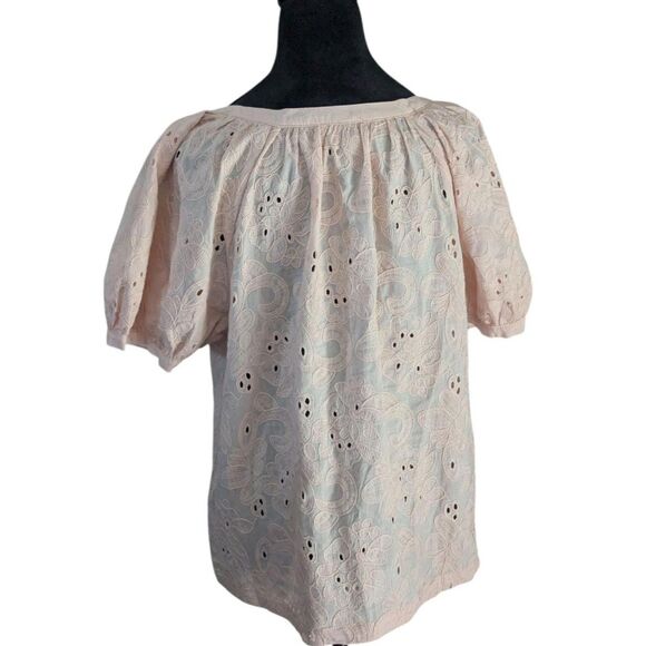 CALYPSO St. Barth Blouse M 100% Cotton Eyelet Pink Resortwear Puff Sleeve Tunic - Picture 8 of 8